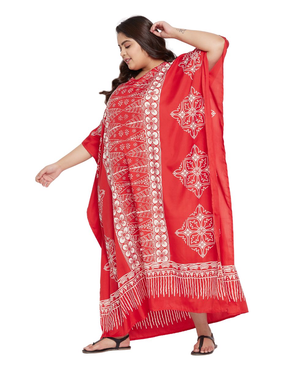 Floral Printed Red Polyester Kaftan Plus Size Dress For Women