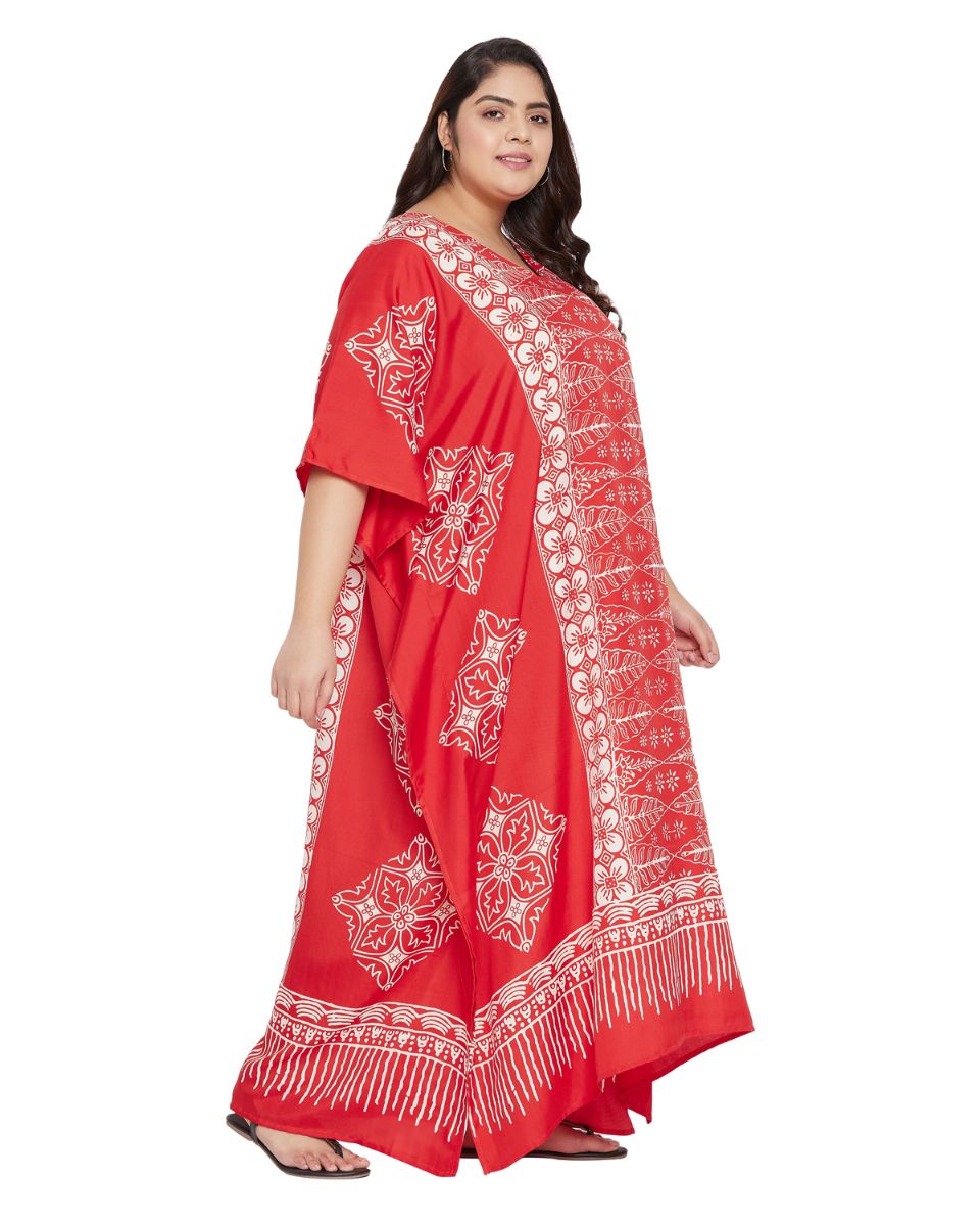 Floral Printed Red Polyester Kaftan Plus Size Dress For Women