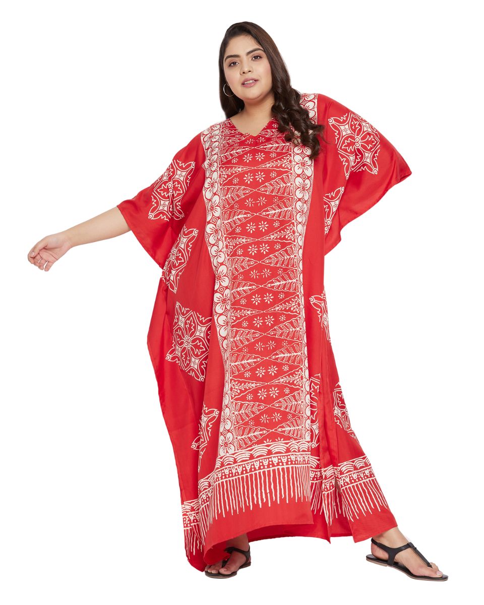 Floral Printed Red Polyester Kaftan Plus Size Dress For Women