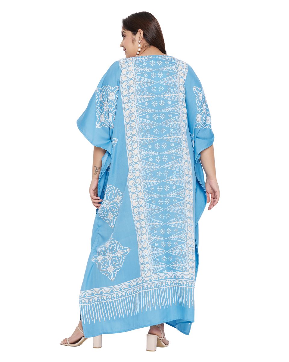 Geometric Printed Sky Blue Polyester Kaftan Plus Size Dress For Women