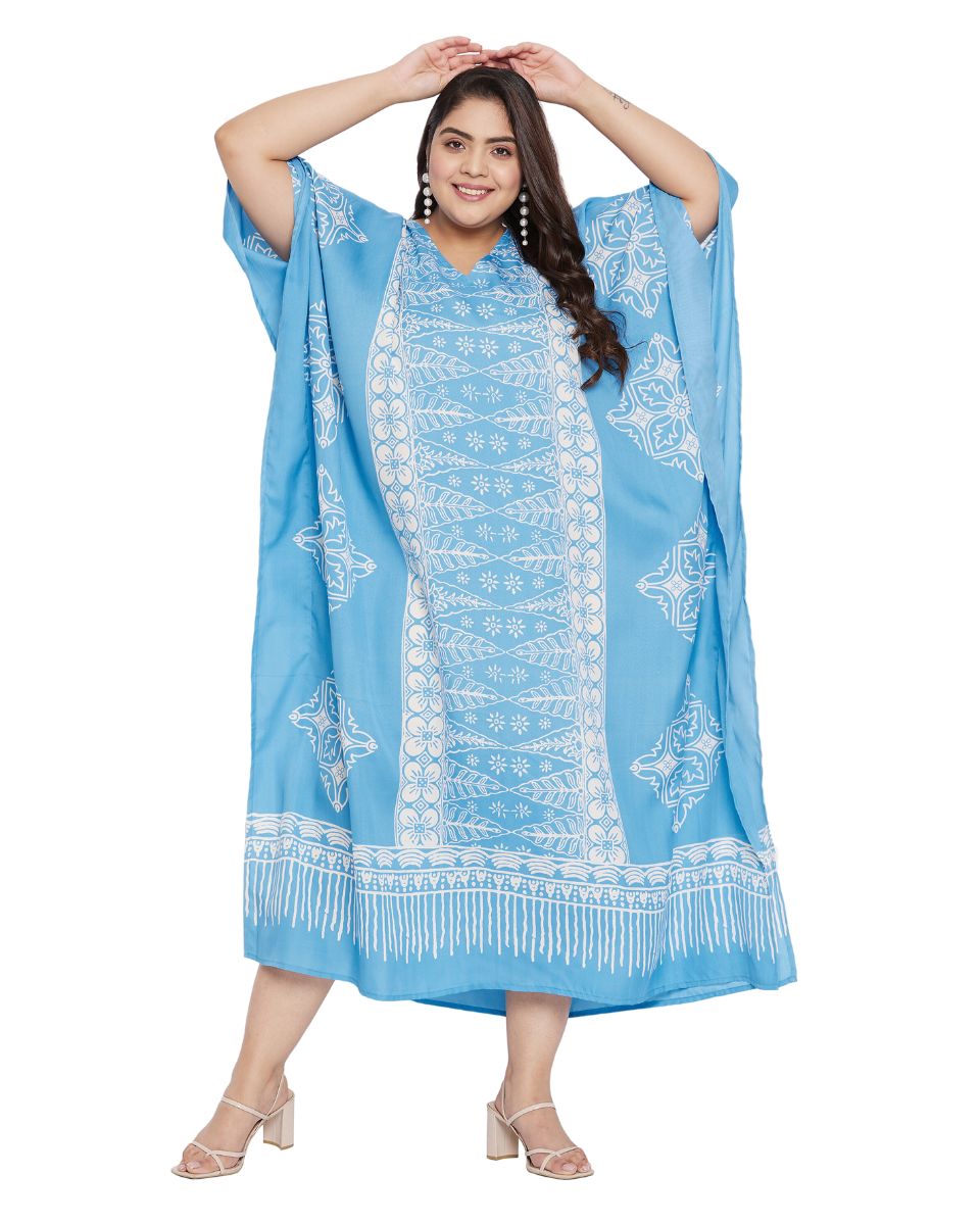 Geometric Printed Sky Blue Polyester Kaftan Plus Size Dress For Women