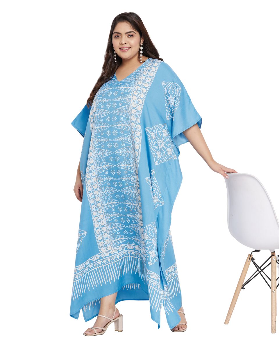 Geometric Printed Sky Blue Polyester Kaftan Plus Size Dress For Women