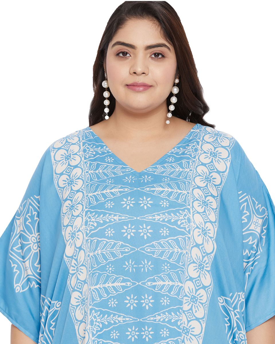 Geometric Printed Sky Blue Polyester Kaftan Plus Size Dress For Women