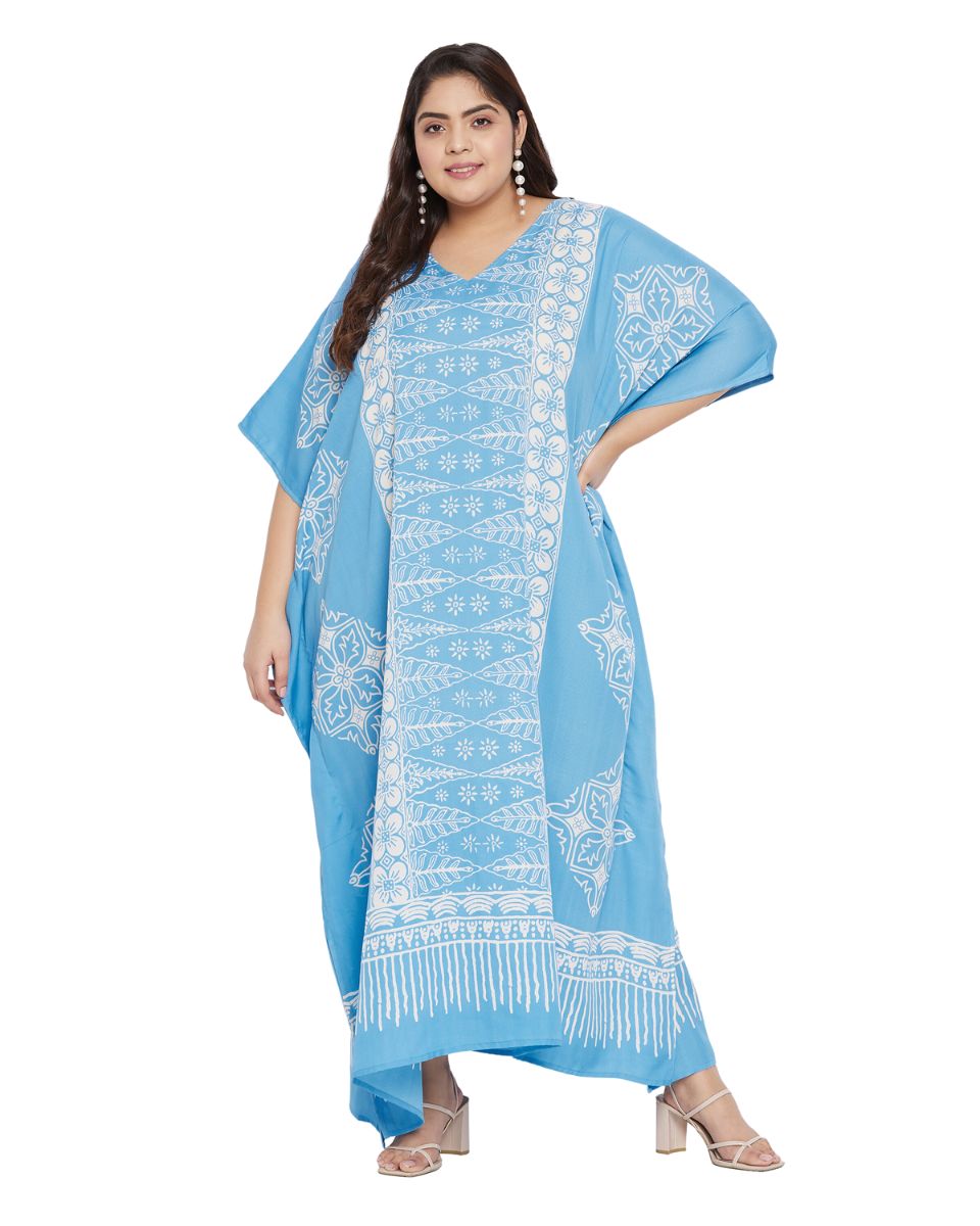 Geometric Printed Sky Blue Polyester Kaftan Plus Size Dress For Women