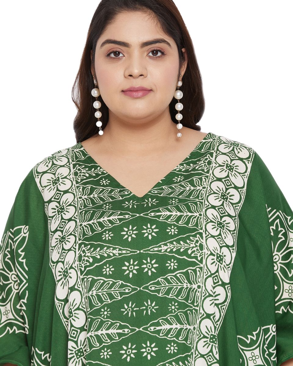 Floral Print Emerald Green Polyester Kaftan For Plus Size Women