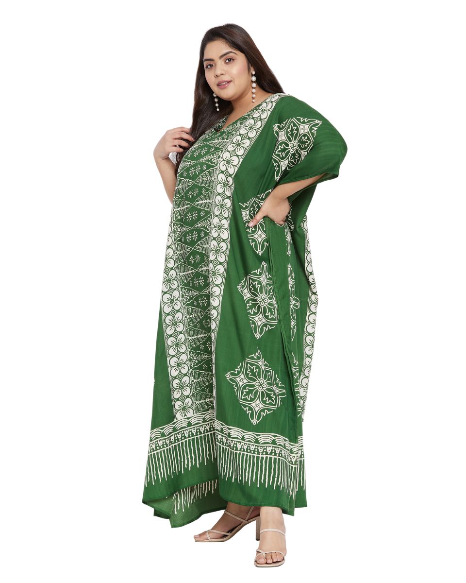 Floral Print Emerald Green Polyester Kaftan For Plus Size Women
