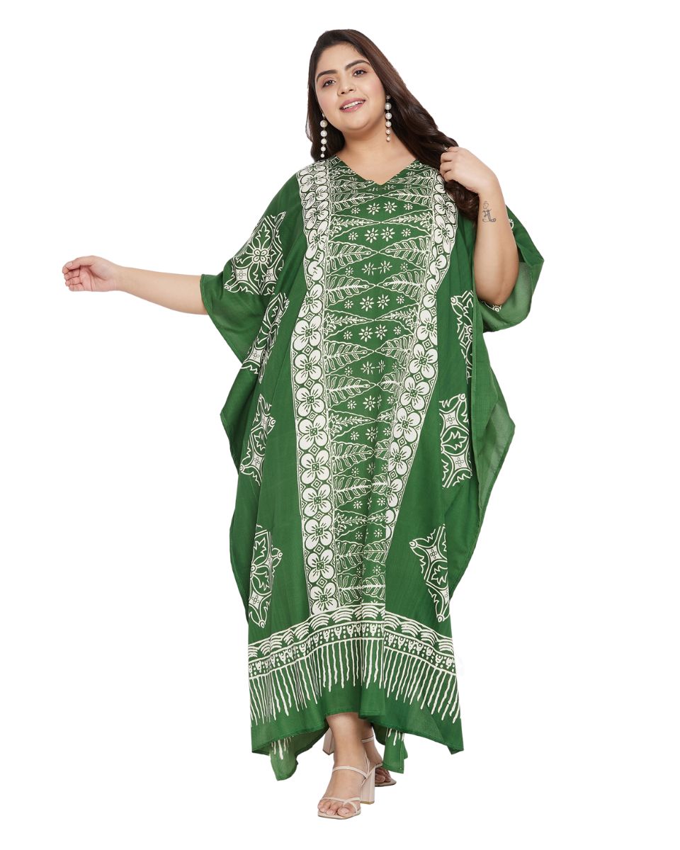 Floral Print Emerald Green Polyester Kaftan For Plus Size Women