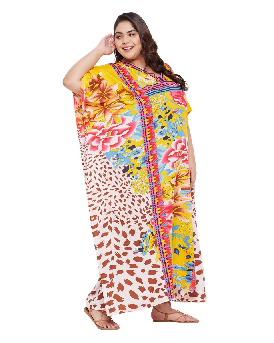 Floral Printed Yellow Polyester Kaftan Plus Size Dress For Women