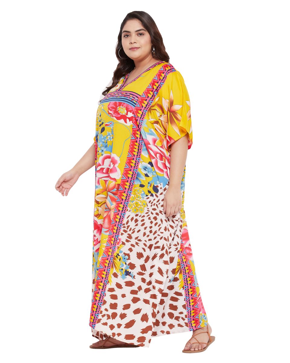 Floral Printed Yellow Polyester Kaftan Plus Size Dress For Women