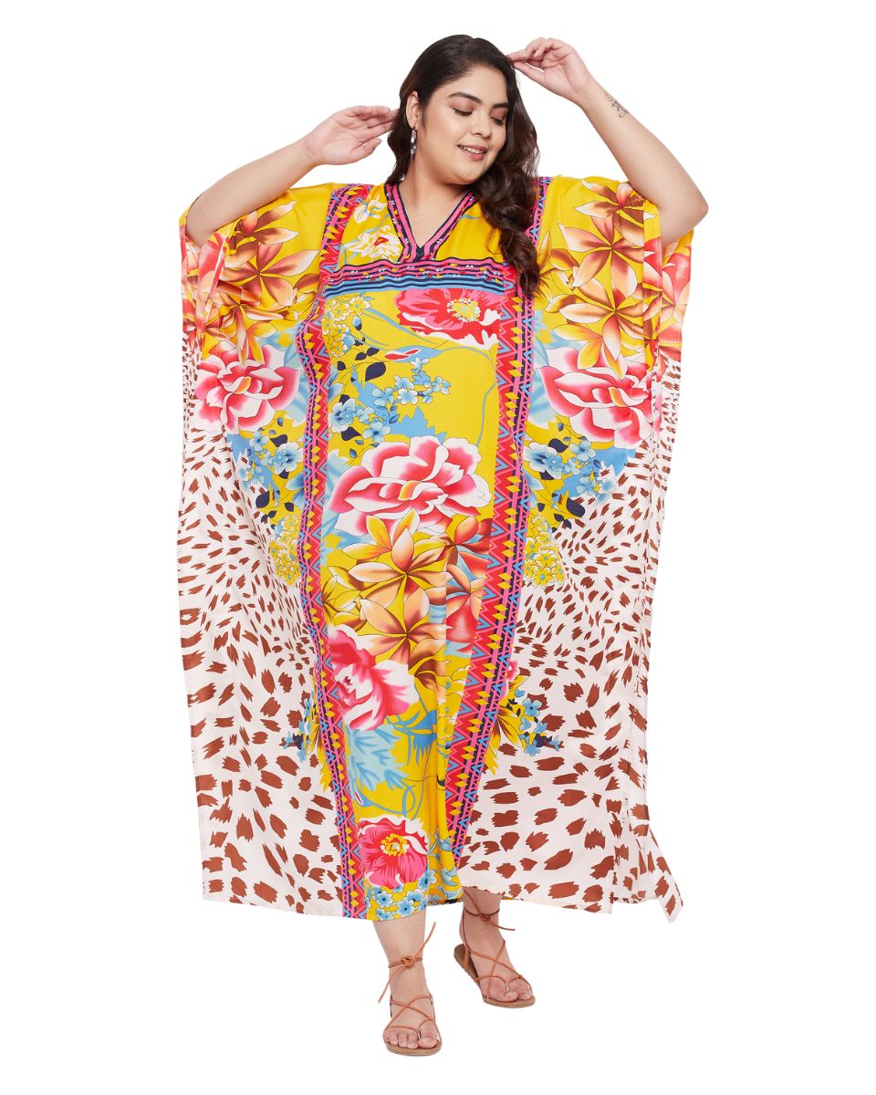 Floral Printed Yellow Polyester Kaftan Plus Size Dress For Women