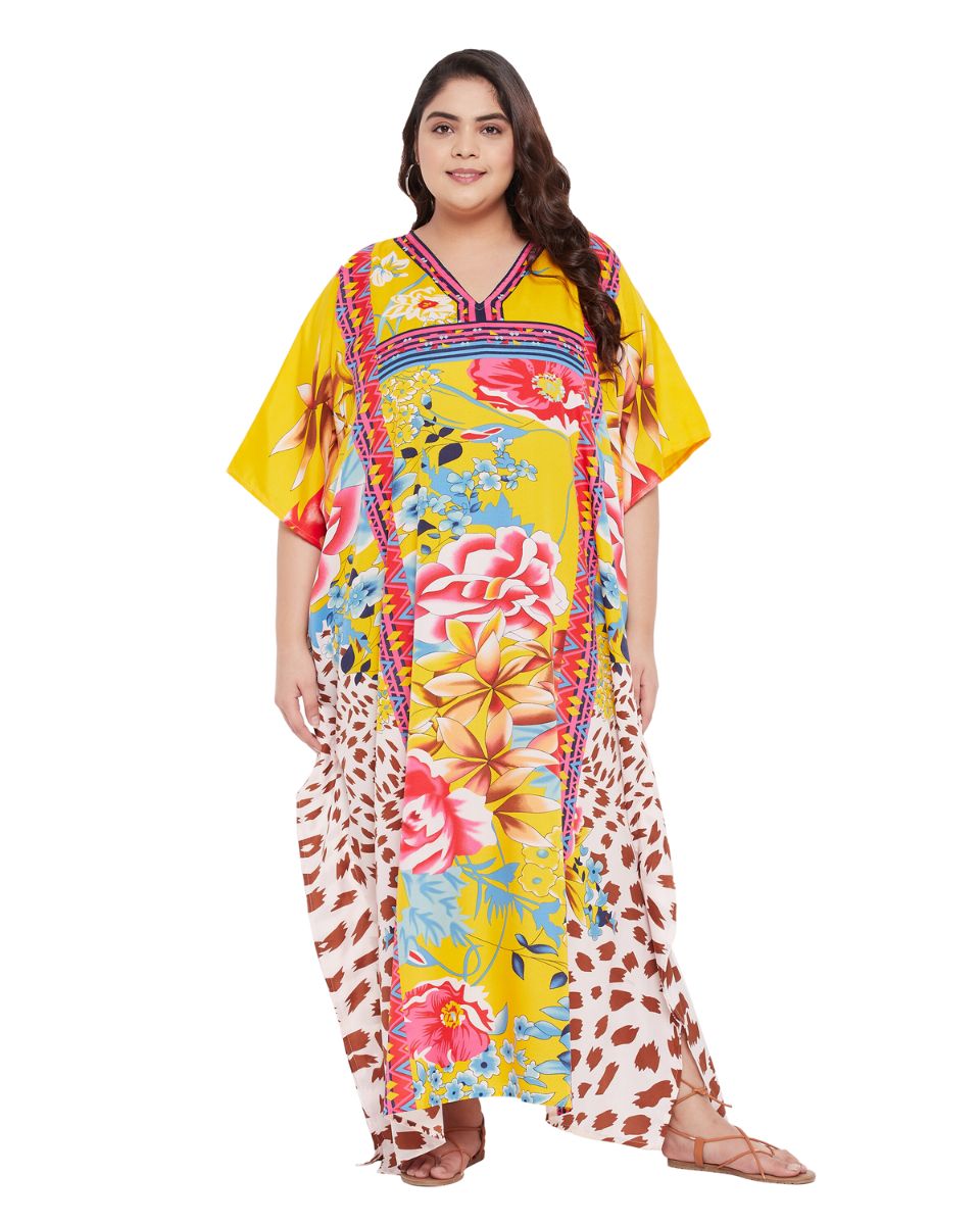 Floral Printed Yellow Polyester Kaftan Plus Size Dress For Women