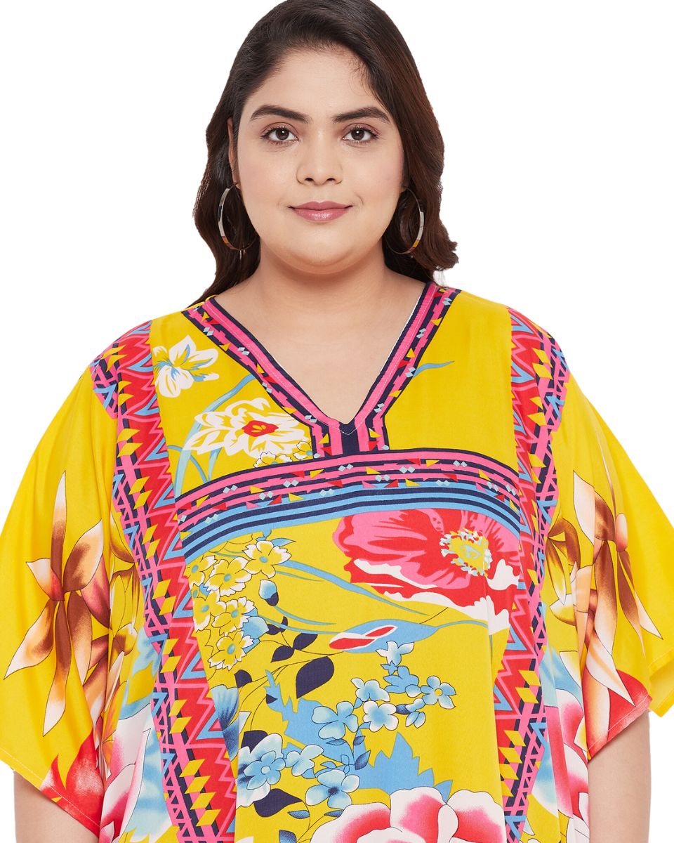 Floral Printed Yellow Polyester Kaftan Plus Size Dress For Women