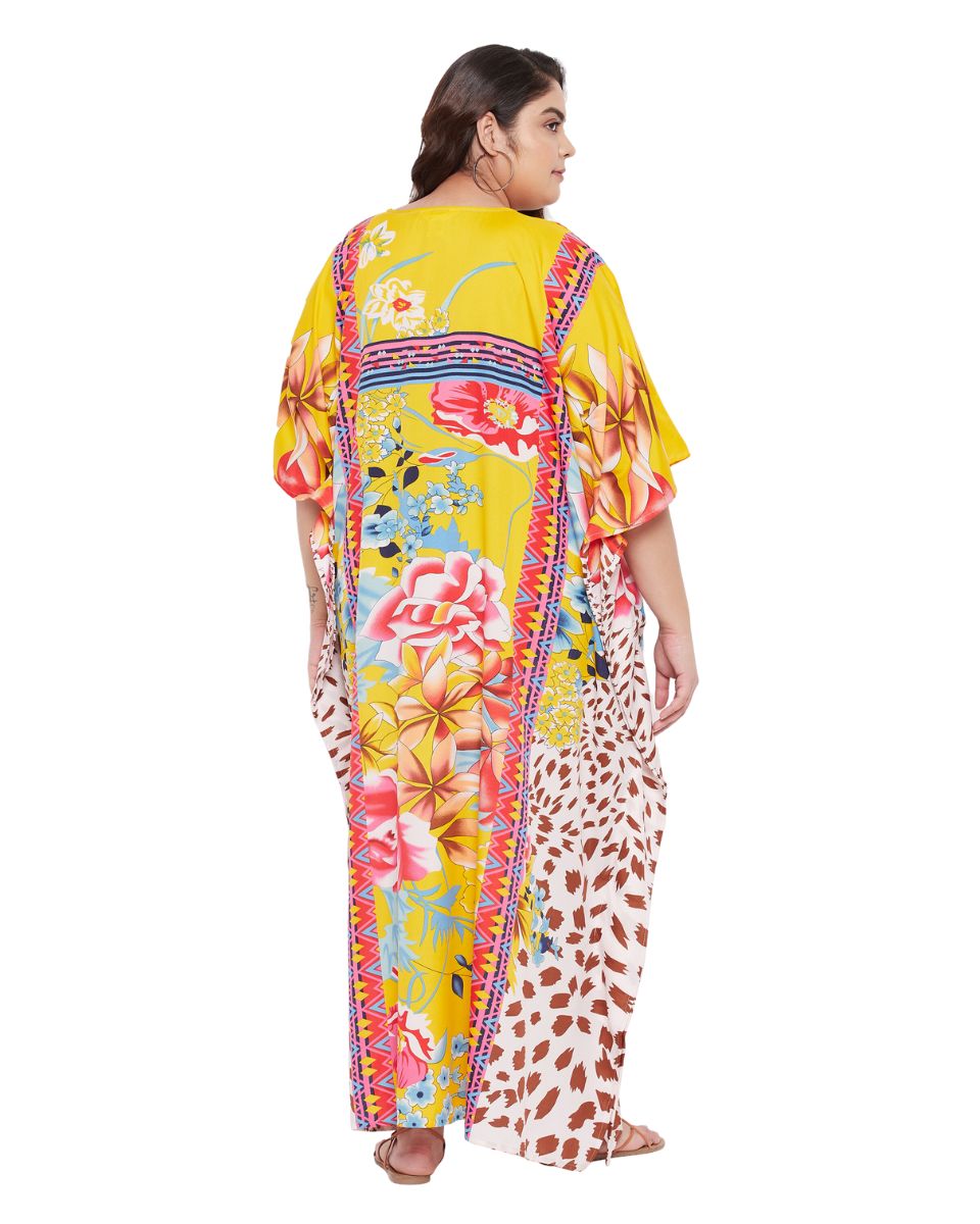 Floral Printed Yellow Polyester Kaftan Plus Size Dress For Women