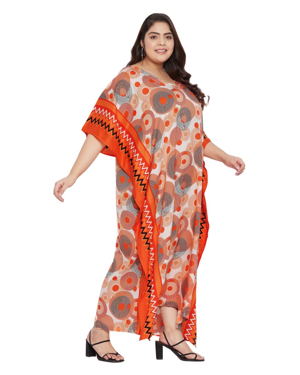 Geometric Printed Orange Polyester Kaftan Plus Size Dress For Women