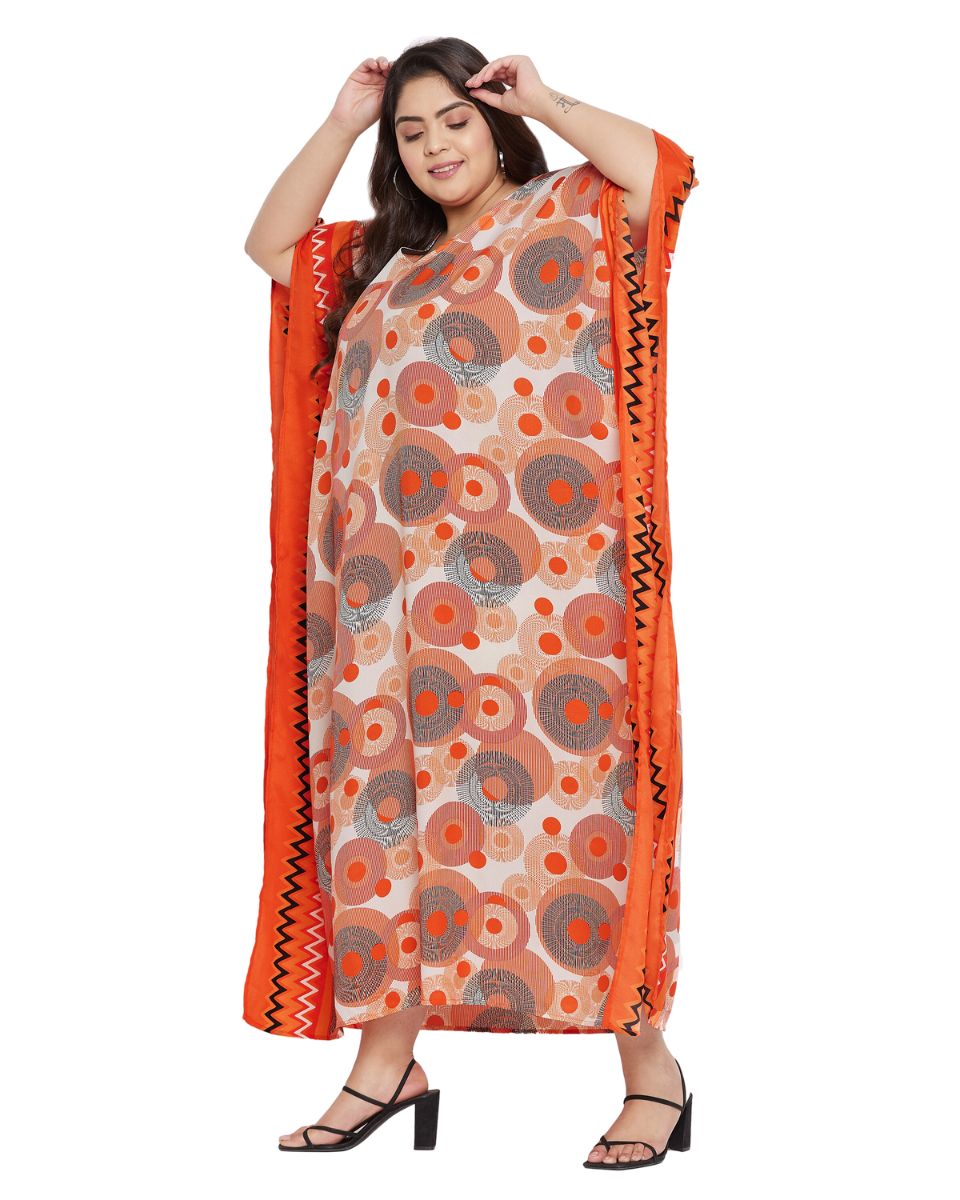 Geometric Printed Orange Polyester Kaftan Plus Size Dress For Women