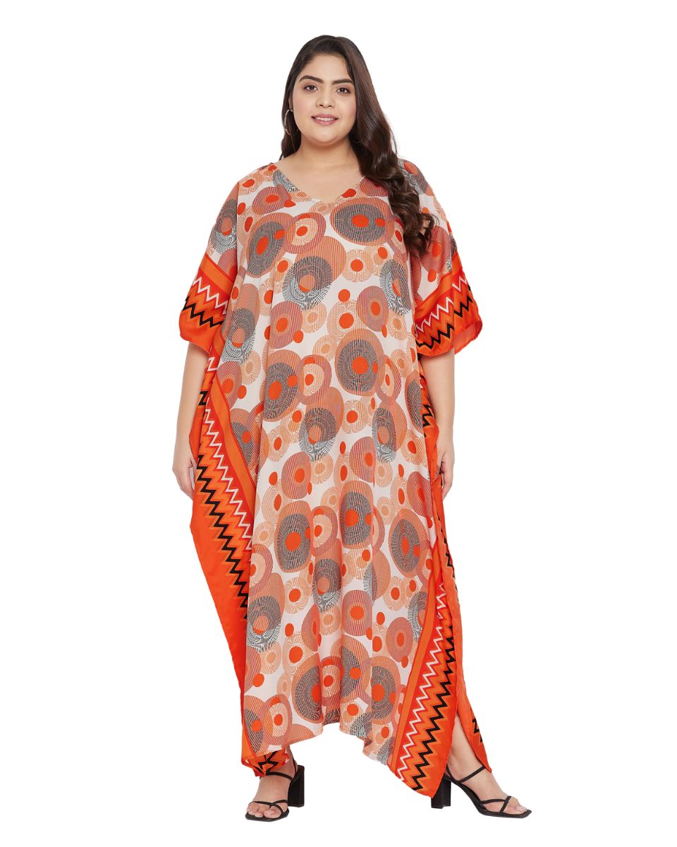 Geometric Printed Orange Polyester Kaftan Plus Size Dress For Women