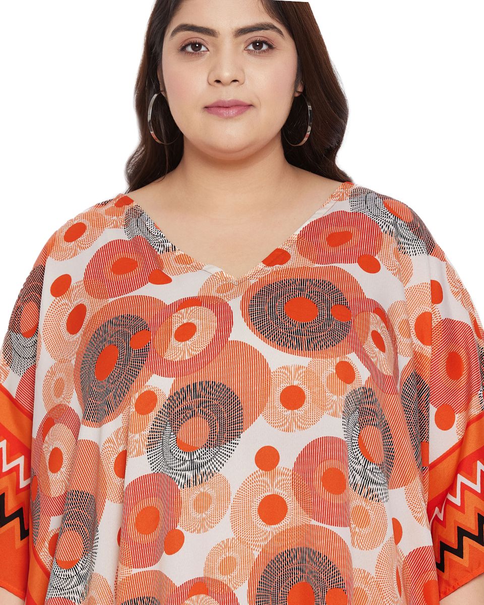Geometric Printed Orange Polyester Kaftan Plus Size Dress For Women