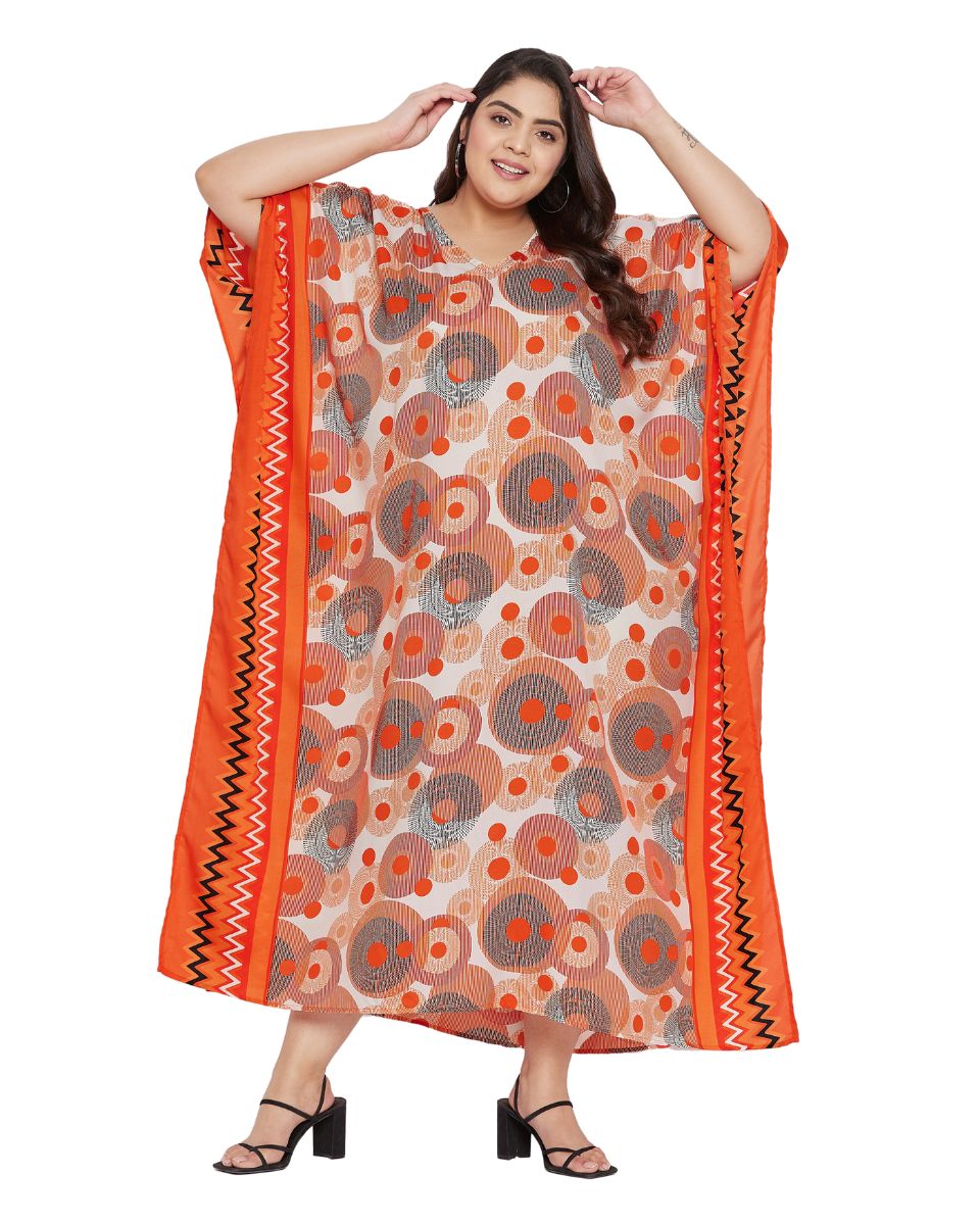 Geometric Printed Orange Polyester Kaftan Plus Size Dress For Women