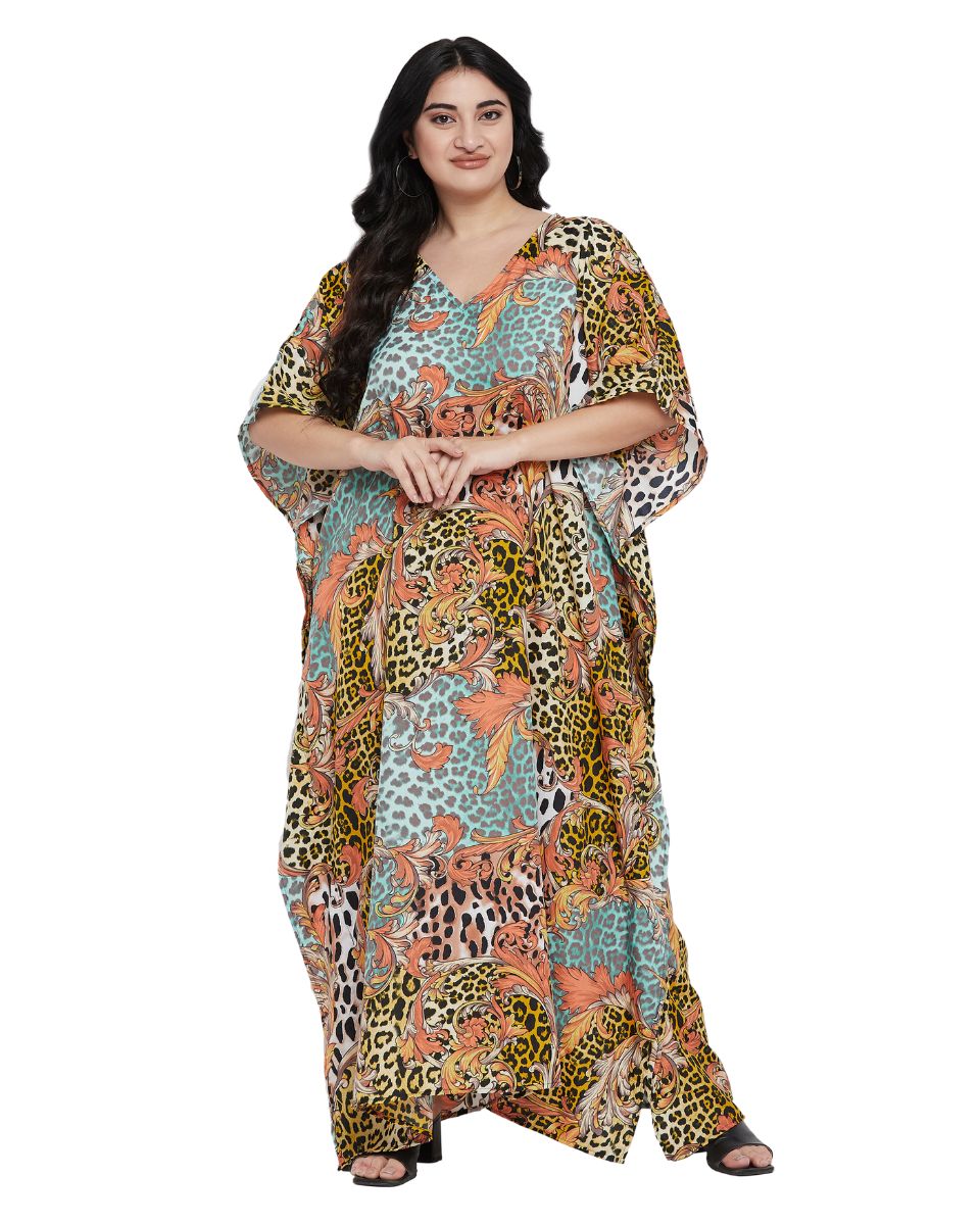 Animal Printed Multicolor Polyester Kaftan Dress For Plus Size Women