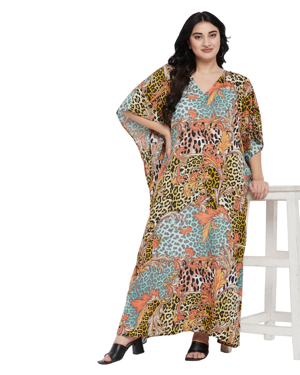 Animal Printed Multicolor Polyester Kaftan Dress For Plus Size Women