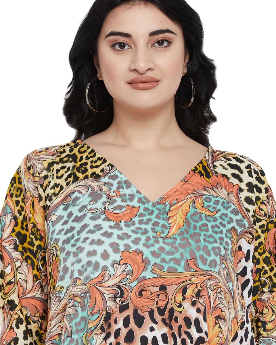 Animal Printed Multicolor Polyester Kaftan Dress For Plus Size Women