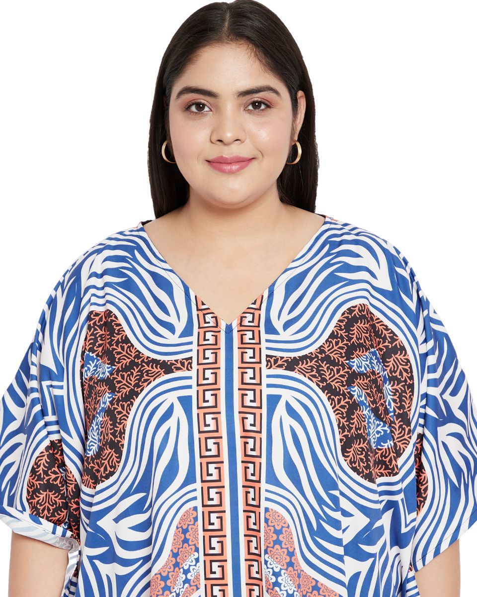 Abstract Printed Blue And Brown Polyester Kaftan Plus Size For Women