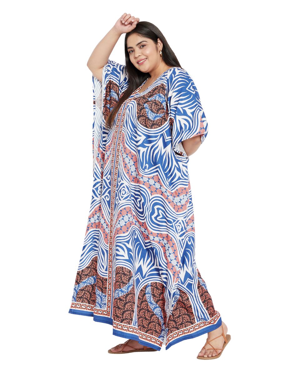 Abstract Printed Blue And Brown Polyester Kaftan Plus Size For Women