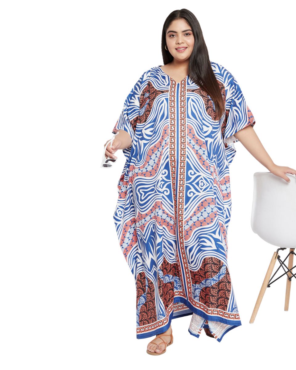 Abstract Printed Blue And Brown Polyester Kaftan Plus Size For Women