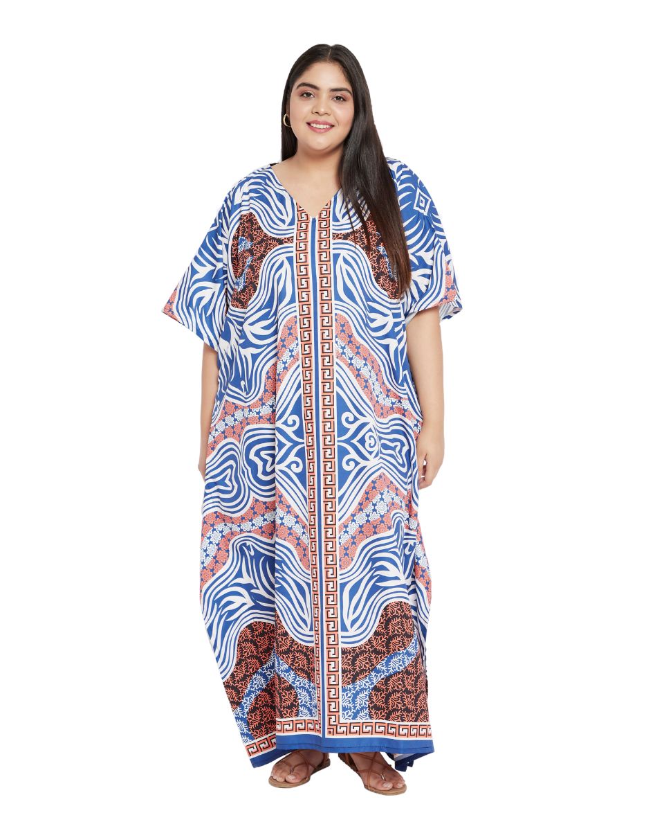 Abstract Printed Blue And Brown Polyester Kaftan Plus Size For Women