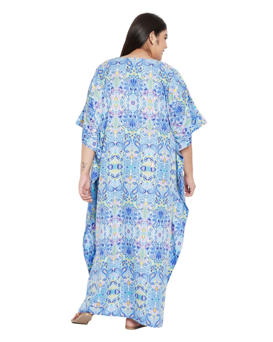 Floral Print Sky Blue Polyester Plus Size Kaftan Dress For Women