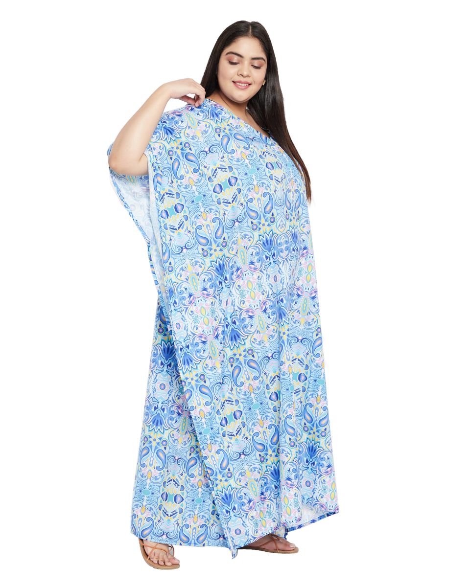 Floral Print Sky Blue Polyester Plus Size Kaftan Dress For Women