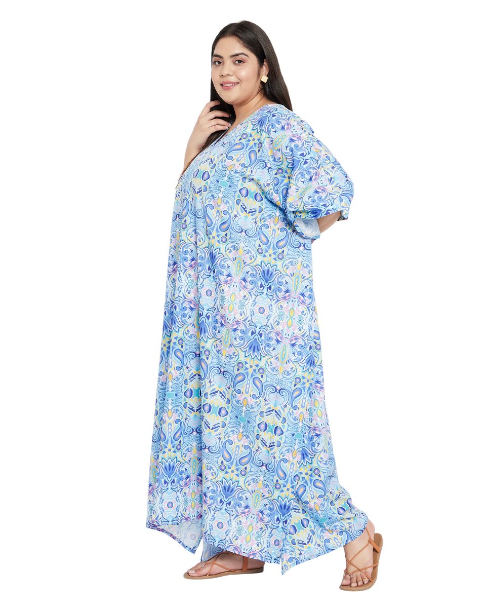 Floral Print Sky Blue Polyester Plus Size Kaftan Dress For Women
