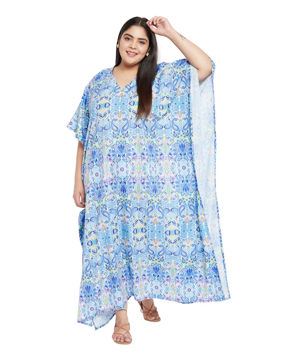 Floral Print Sky Blue Polyester Plus Size Kaftan Dress For Women