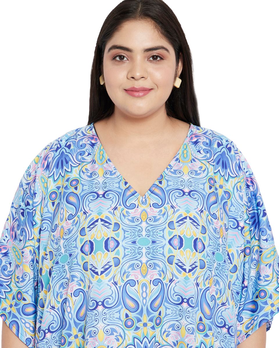 Floral Print Sky Blue Polyester Plus Size Kaftan Dress For Women
