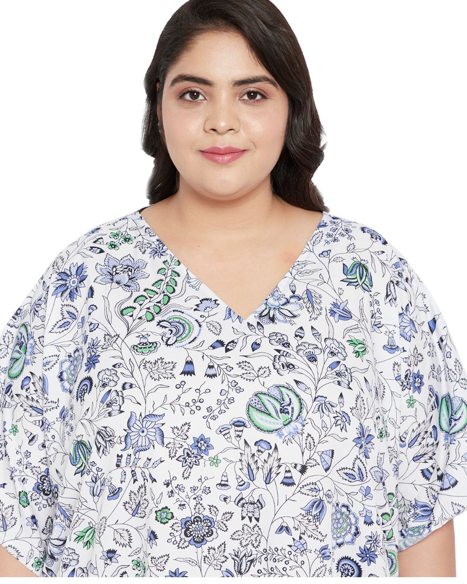 Floral Print Plus Size Blue Polyester Kaftan Dress For Women