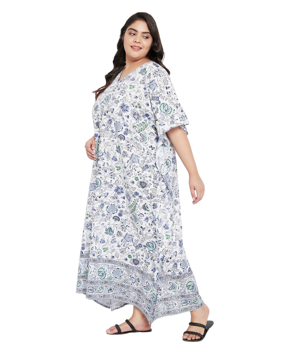 Floral Print Plus Size Blue Polyester Kaftan Dress For Women