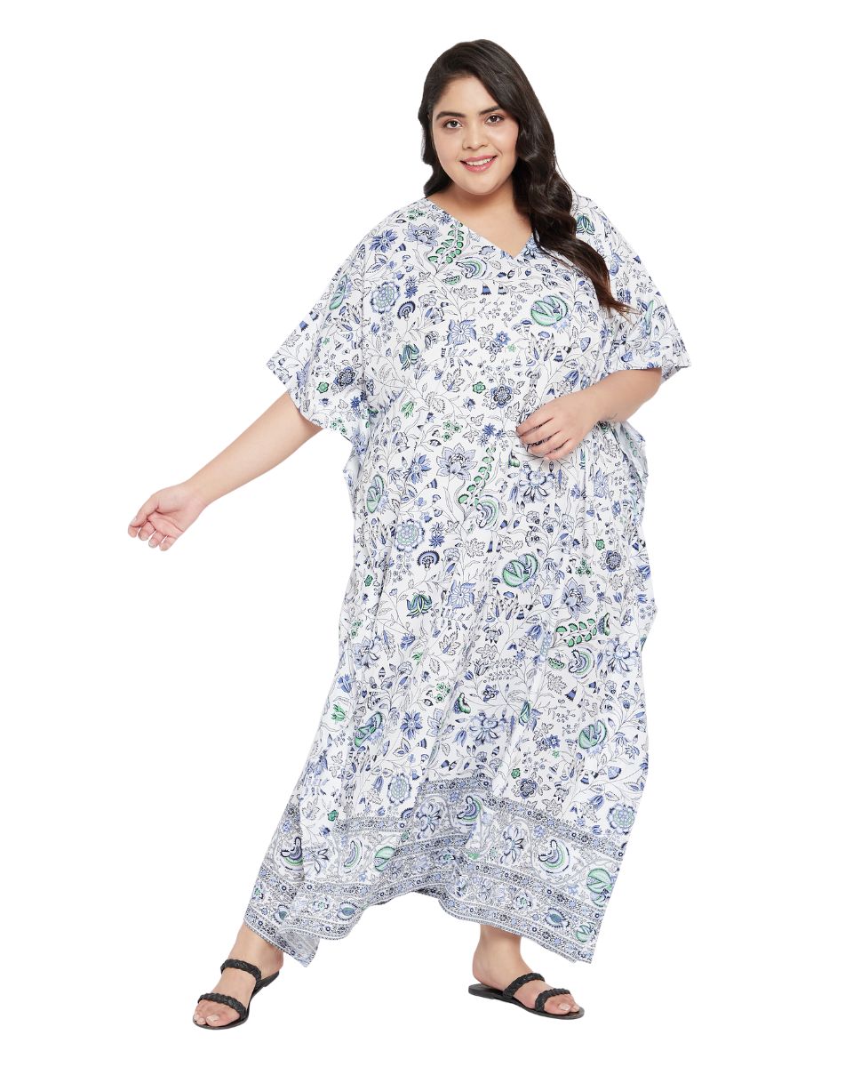 Floral Print Plus Size Blue Polyester Kaftan Dress For Women