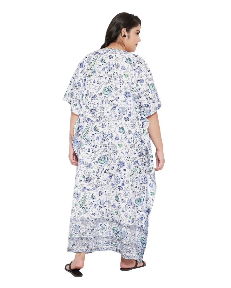 Floral Print Plus Size Blue Polyester Kaftan Dress For Women