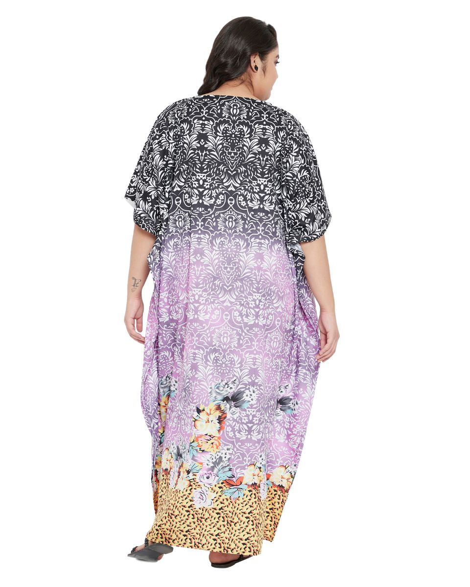 Floral Printed Black Polyester Kaftan Dress For Plus Size Women