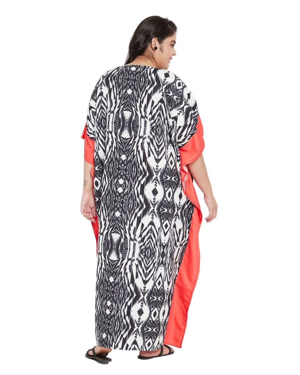 Black And White Abstract Printed Polyester Plus Size Kaftan For Women