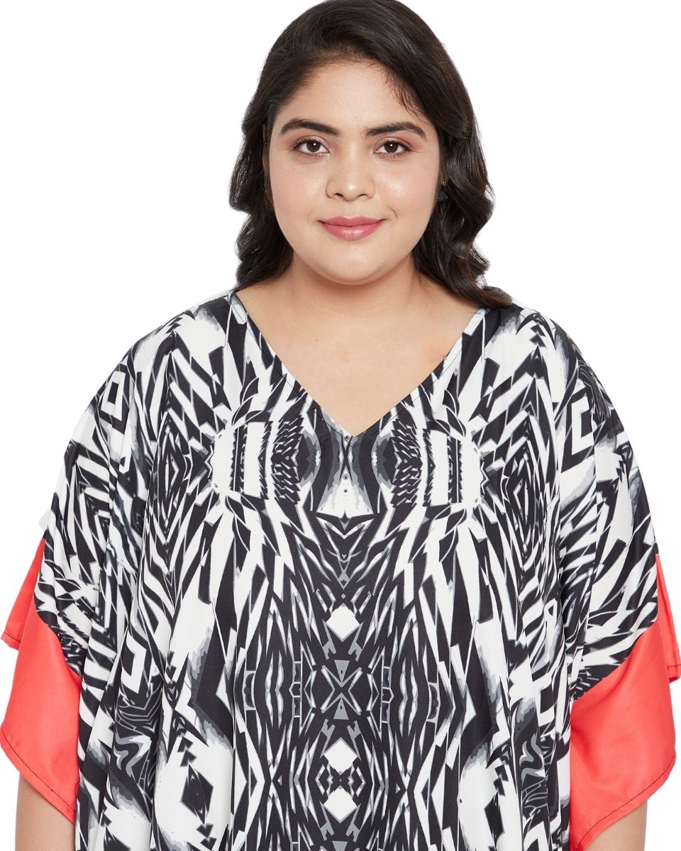Black And White Abstract Printed Polyester Plus Size Kaftan For Women
