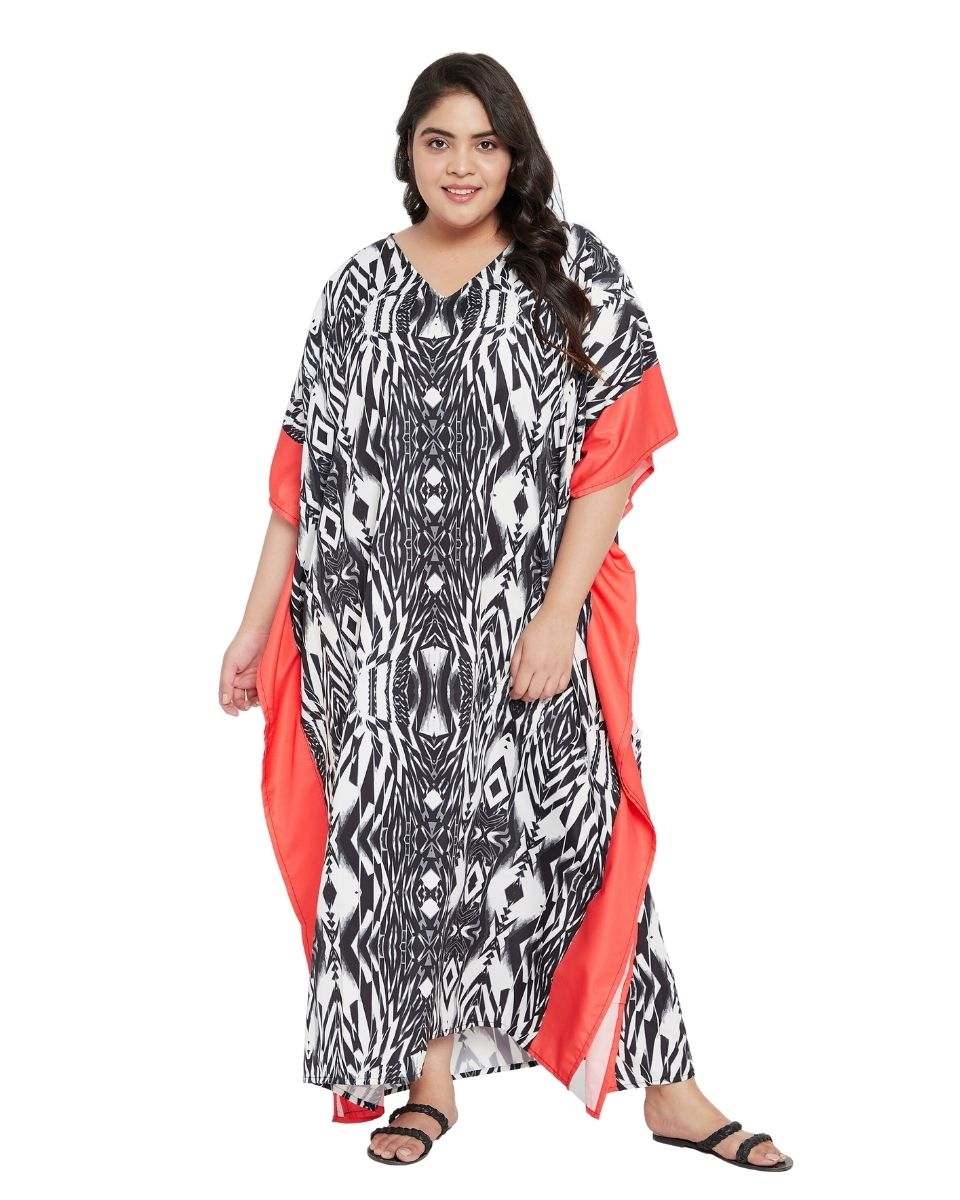Black And White Abstract Printed Polyester Plus Size Kaftan For Women