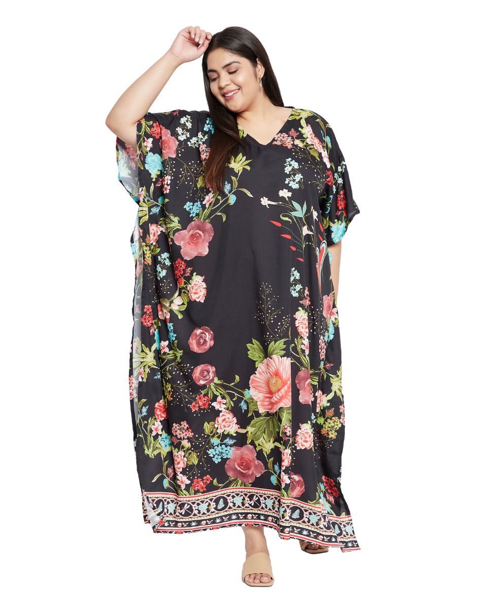 Floral Printed Black Polyester Plus Size Kaftan Dress For Women