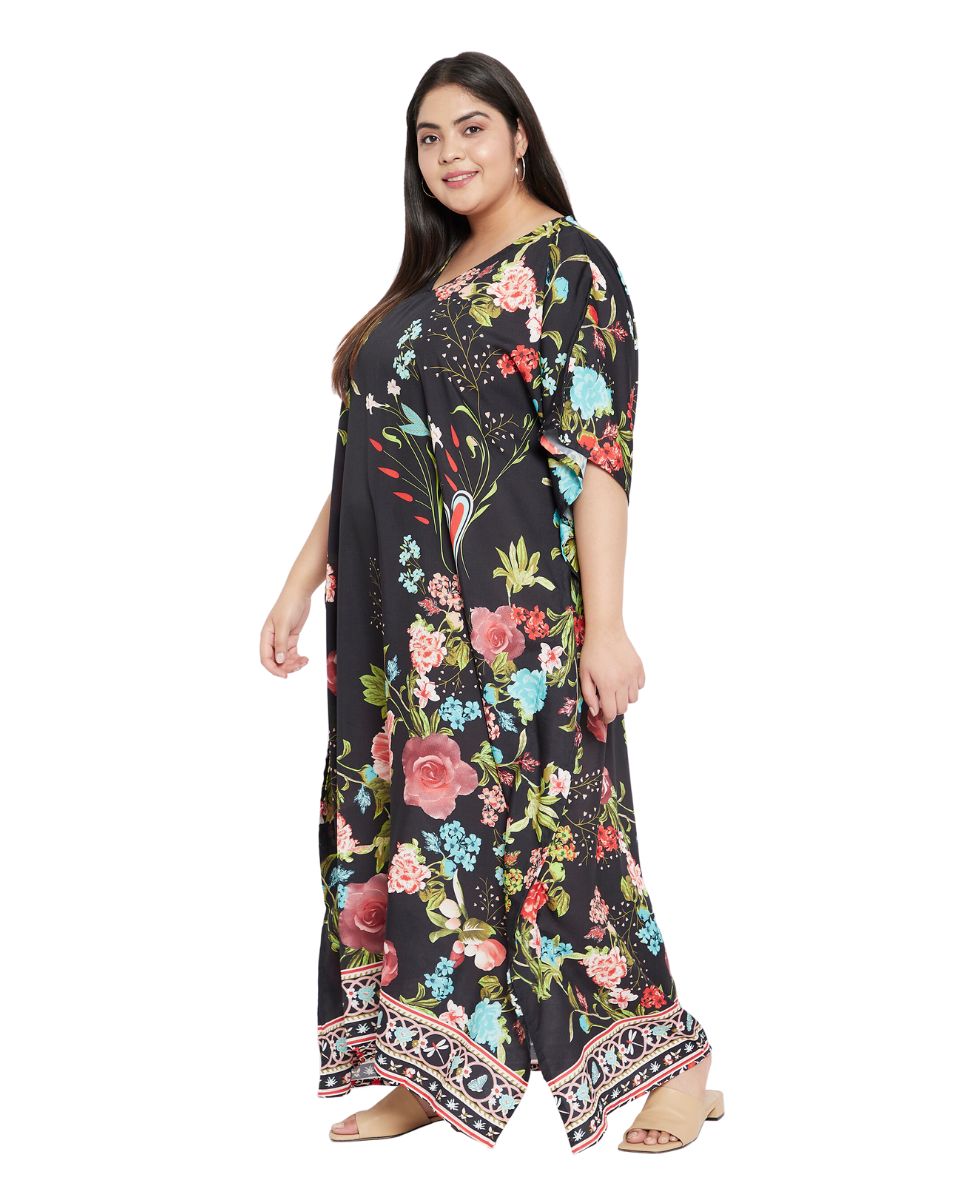Floral Printed Black Polyester Plus Size Kaftan Dress For Women