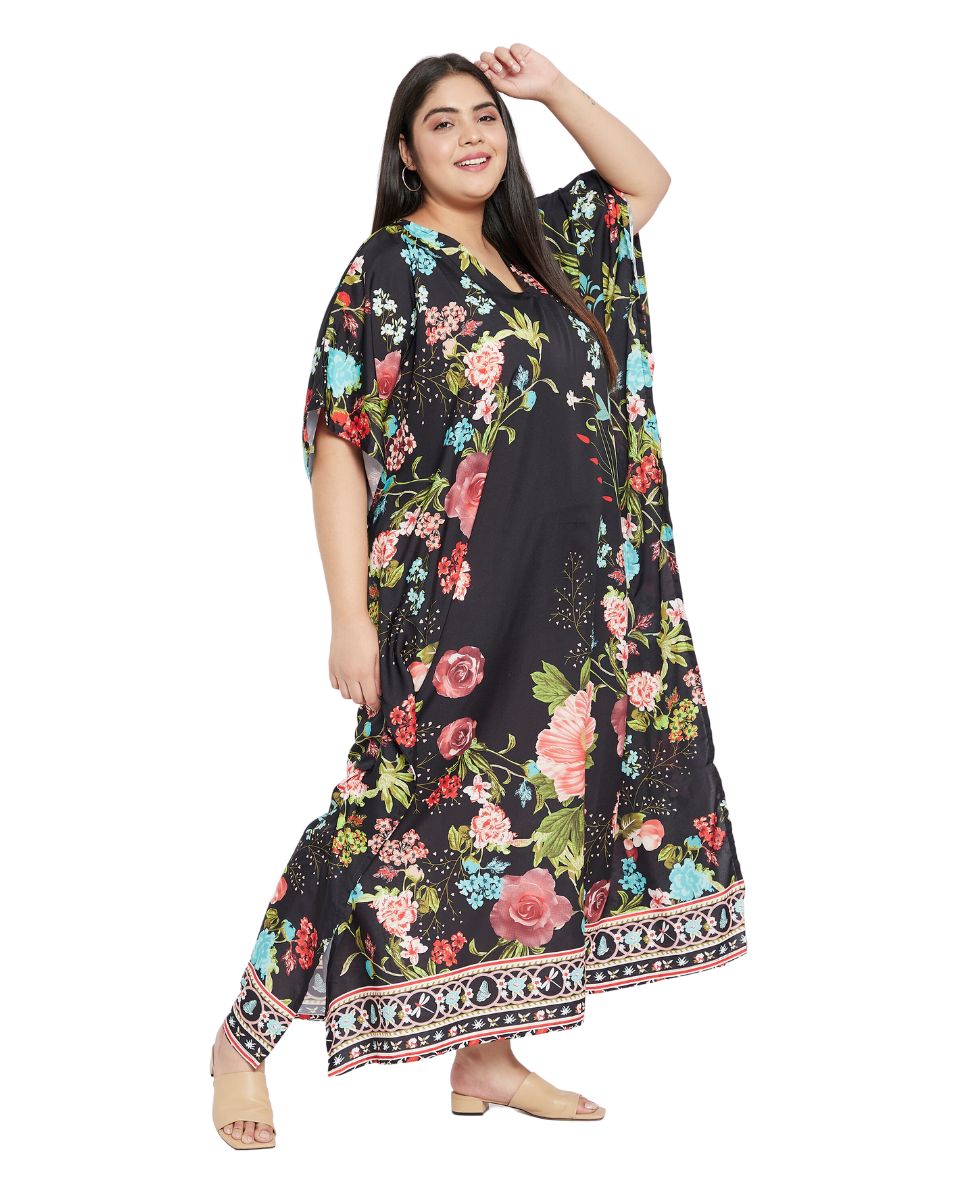 Floral Printed Black Polyester Plus Size Kaftan Dress For Women