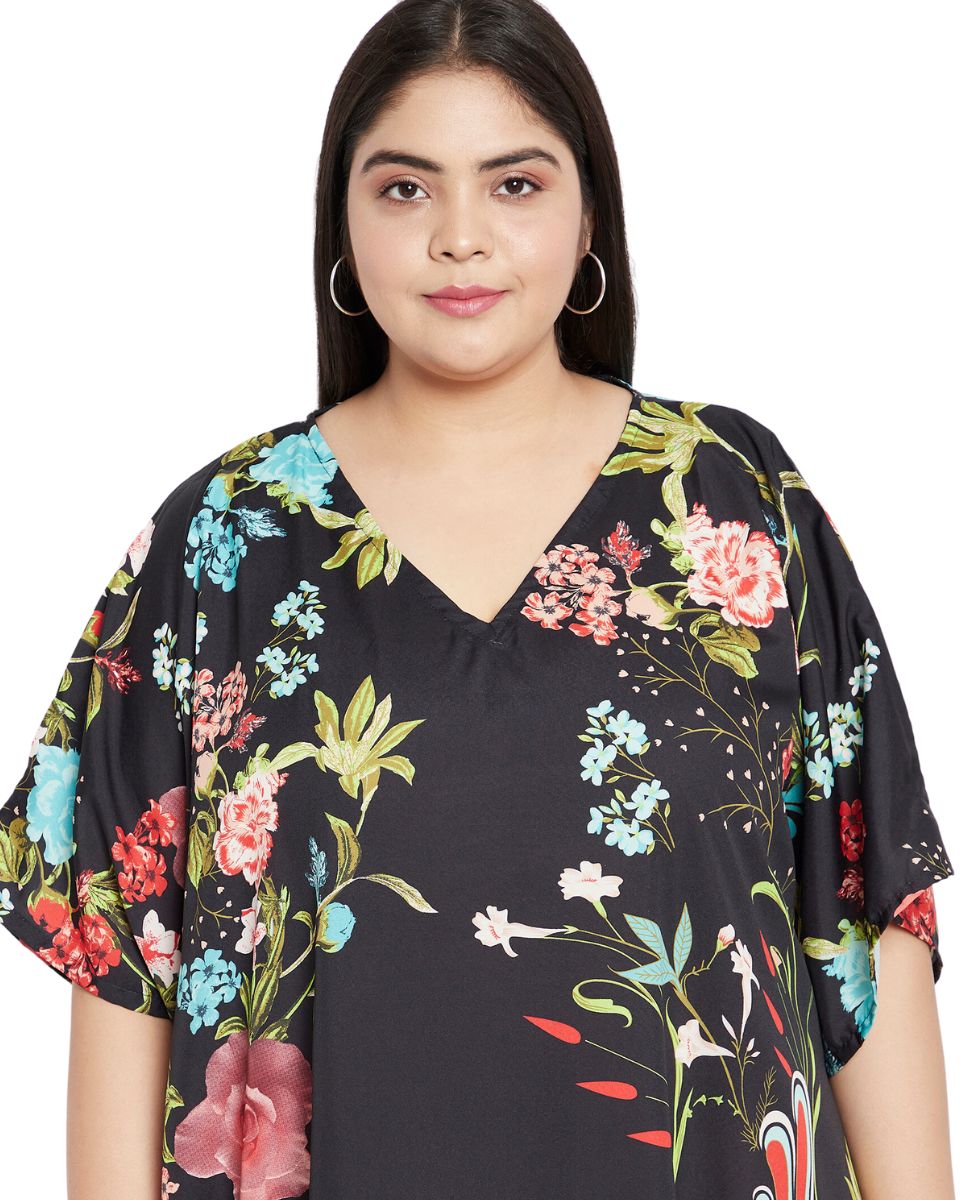 Floral Printed Black Polyester Plus Size Kaftan Dress For Women