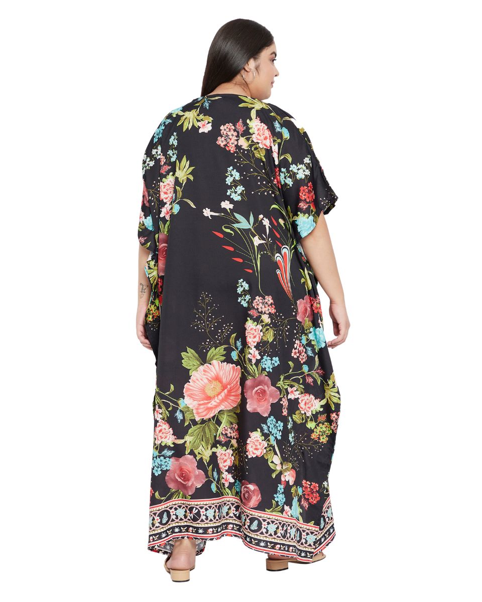Floral Printed Black Polyester Plus Size Kaftan Dress For Women
