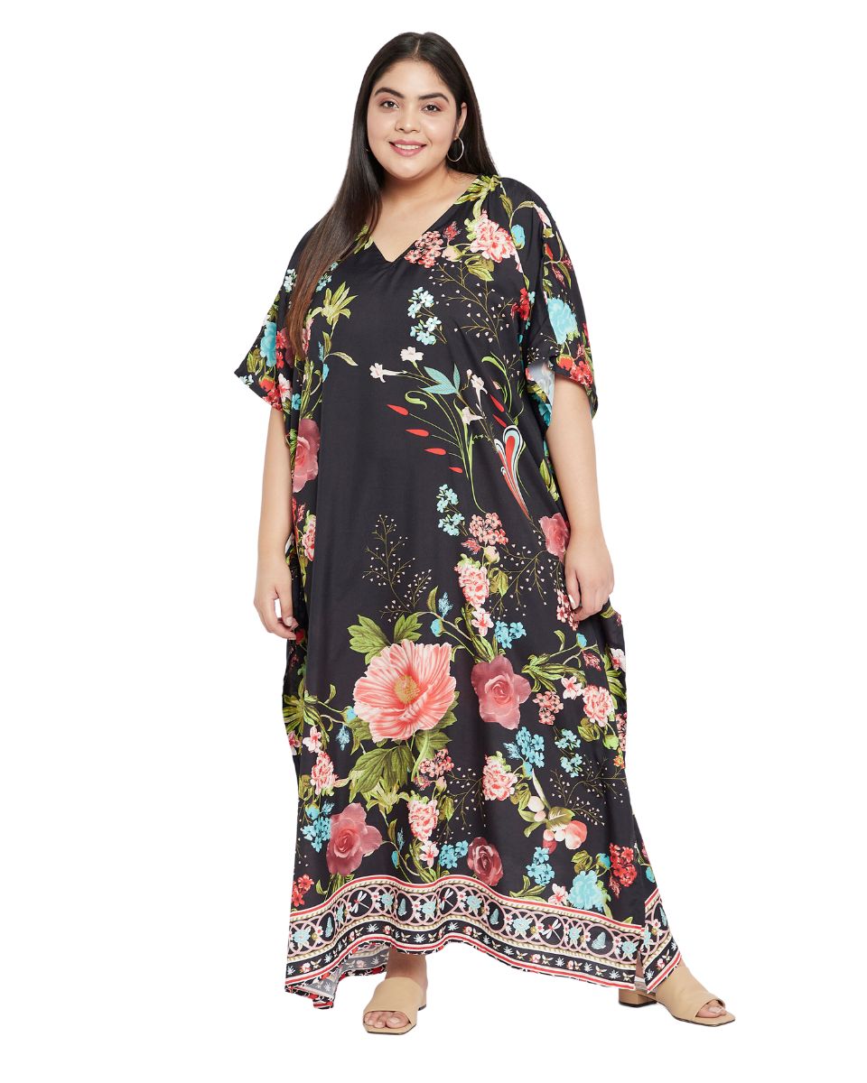 Floral Printed Black Polyester Plus Size Kaftan Dress For Women