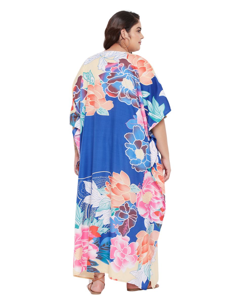 Floral Printed Blue Polyester Kaftan Plus Size Dress For Women