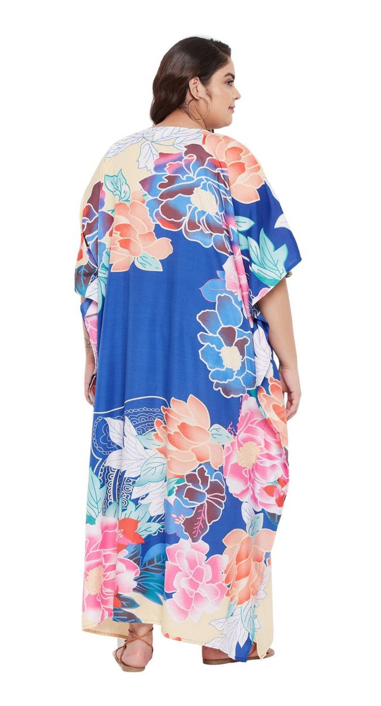 Blue polyester plus size kaftan with pink and coral peony floral print and cream border sleeves — alternate view